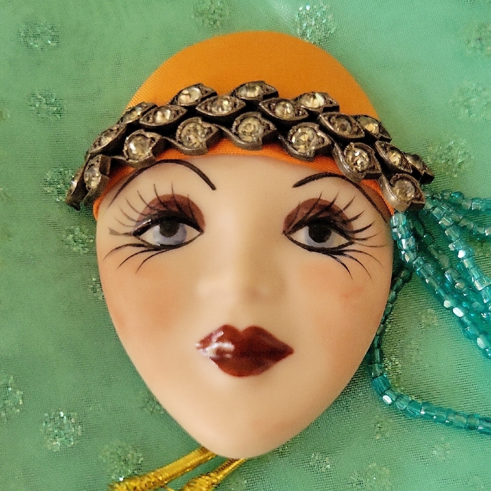 Sale 3 For $20 Chic Art Deco Face Brooch with Rhinestone Accents, Flapper